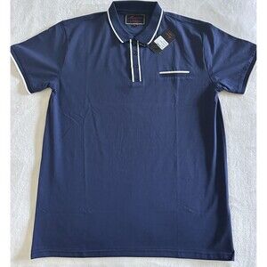 NEW Maximos USA Mens Polo Shirt Large Navy Blue White Striped Tipped Collar NWT